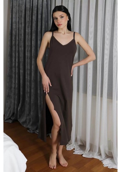 Kadın Ip Askılı Uzun Yırtmaçlı Pamuk Penye Gecelik Kahve