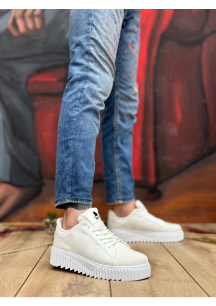 ET0803 Yüksek Taban Triko Beyaz Erkek Ayakkabı
