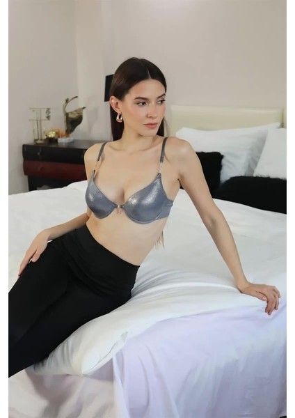 Kadın Destekli Balenli Taş Detaylı Parlak Sütyen Gri