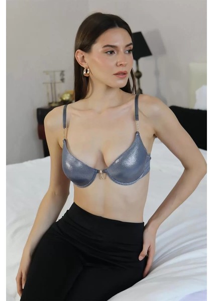 Kadın Destekli Balenli Taş Detaylı Parlak Sütyen Gri fiyatları