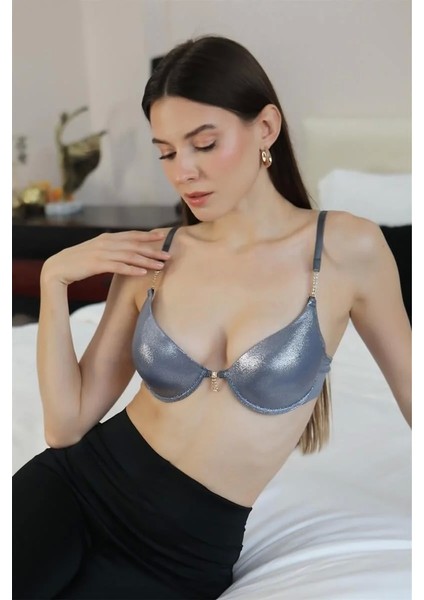 Kadın Destekli Balenli Taş Detaylı Parlak Sütyen Gri modelleri