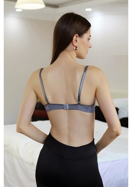 Kadın Destekli Balenli Taş Detaylı Parlak Sütyen Gri indirimleri