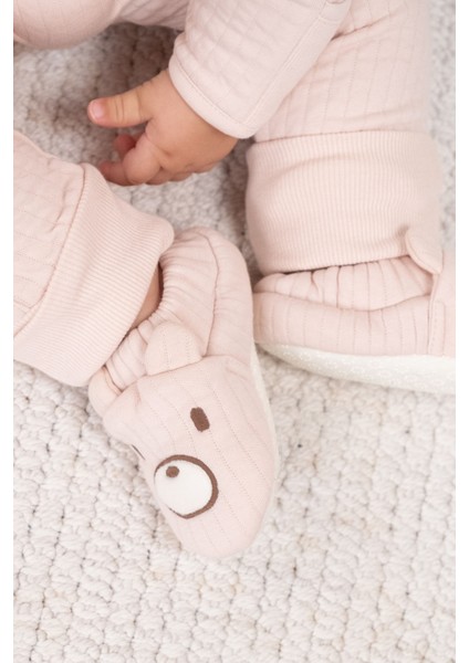 Kapitone Ayıcık Nakışlı Bebek Pembe Patik