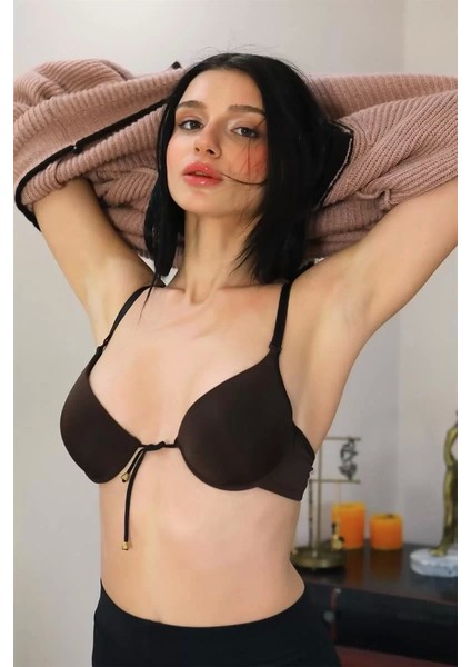 Kadın Destekli Balenli Önden Açılır Dekolteli Sütyen Kahve