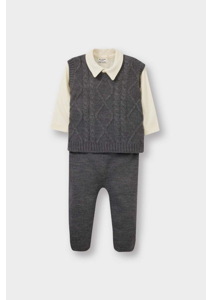 Erkek Bebek 3'lü Takım Triko Yelek Uzun Kollu Çıtçıtlı Body Pantolon C9597A525WN