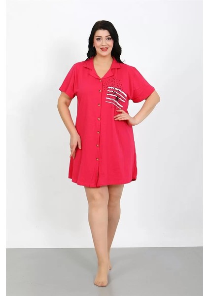 Büyük Beden Penye Düğmeli Fuşya Tunik Gecelik indirimleri