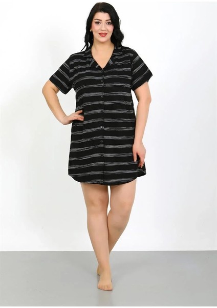 Büyük Beden Penye Düğmeli Siyah Tunik Gecelik