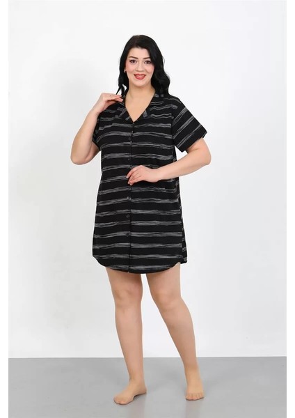 Büyük Beden Penye Düğmeli Siyah Tunik Gecelik indirimleri
