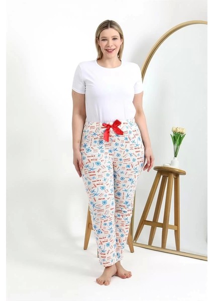 Kadın Pamuklu Büyük Beden Alt Pijama Ekru