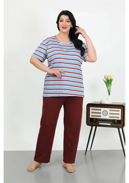 Kadın Büyük Beden Kısa Kol Penye Pijama Takımı Mavi