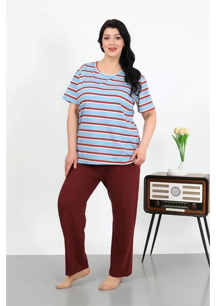 Kadın Büyük Beden Kısa Kol Penye Pijama Takımı Mavi modelleri