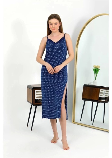 Ip Askılı Uzun Yırtmaçlı Penye Gecelik Lacivert indirimleri