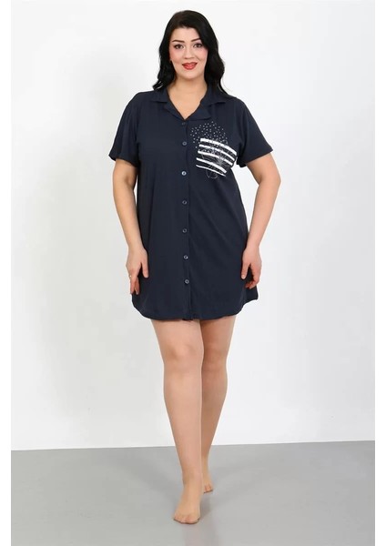 Büyük Beden Penye Düğmeli Lacivert Tunik Gecelik