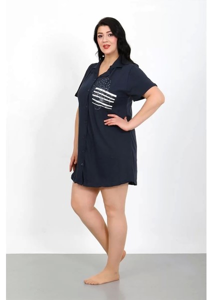 Büyük Beden Penye Düğmeli Lacivert Tunik Gecelik modelleri