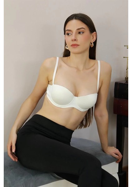 Kadın Yarım Destekli Balenli Staplez Sütyen Ekru