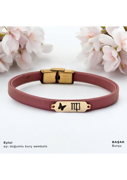 14 Ayar Plakalı Altın Eylül Ayı Doğumlarına Koyu Pembe Derili Kelebek Motifli Hediye BILEKLIK-654AY fiyatları