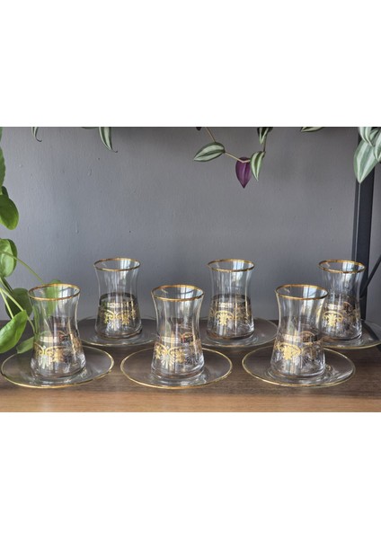 12 Parça 6 Kişilik 24K El Işçiliği - Gerçek Altın Işlemeli Çay Seti Sultan Mix