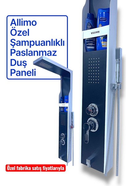 Allimo Şampuanlıklı Kendinden Bataryalı Paslanmaz Panel Duş Seti