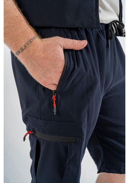 Erkek Lacivert Nefes Alan Likralı Kumaş 5 Cepli Outdoor Kargo Kapri Şort