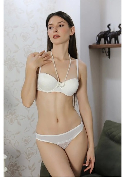 Kadın Destekli Dantel Detaylı Straplez Sütyen Takım Ekru