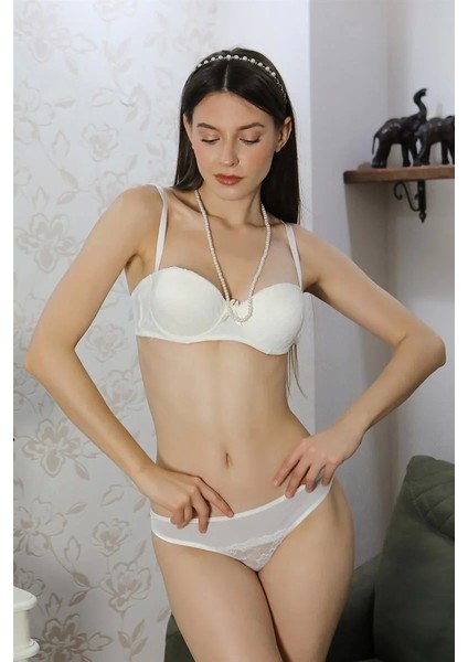 Kadın Destekli Dantel Detaylı Straplez Sütyen Takım Ekru fiyatları