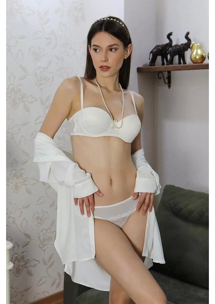 Kadın Destekli Dantel Detaylı Straplez Sütyen Takım Ekru modelleri
