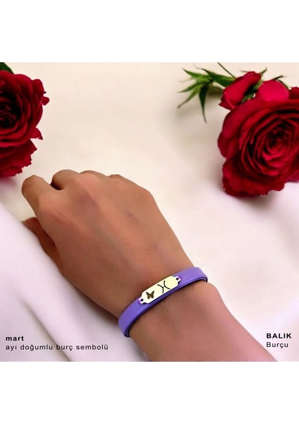 14 Ayar Plakalı Altın Mart Ayı Doğumlarına Doğal Mor Derili Kelebek Figürlü Hediye BILEKLIK-653AY