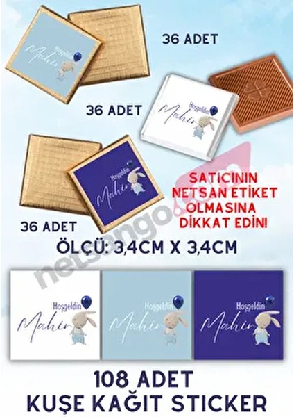 Özel Isimli 96 Adet Çikolata Etiketi Yapışkanlı 3,5 cm Kuşe Sticker Tavşan Desen