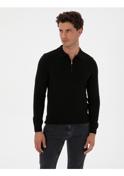 Erkek Siyah Slim Fit Polo Yaka Fermuarlı Basic Triko Kazak 50315406-VR046