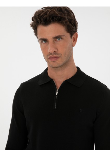 Erkek Siyah Slim Fit Polo Yaka Fermuarlı Basic Triko Kazak 50315406-VR046 fiyatları