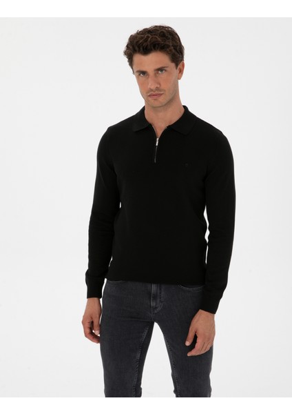 Erkek Siyah Slim Fit Polo Yaka Fermuarlı Basic Triko Kazak 50315406-VR046 modelleri