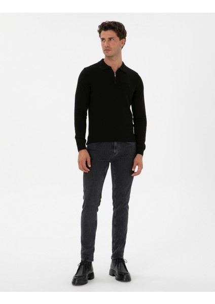 Erkek Siyah Slim Fit Polo Yaka Fermuarlı Basic Triko Kazak 50315406-VR046 fırsatları