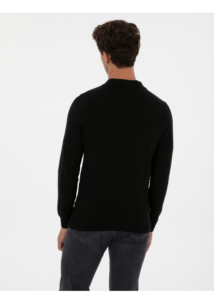 Erkek Siyah Slim Fit Polo Yaka Fermuarlı Basic Triko Kazak 50315406-VR046 indirimleri