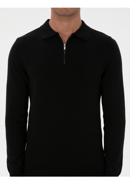 Erkek Siyah Slim Fit Polo Yaka Fermuarlı Basic Triko Kazak 50315406-VR046
