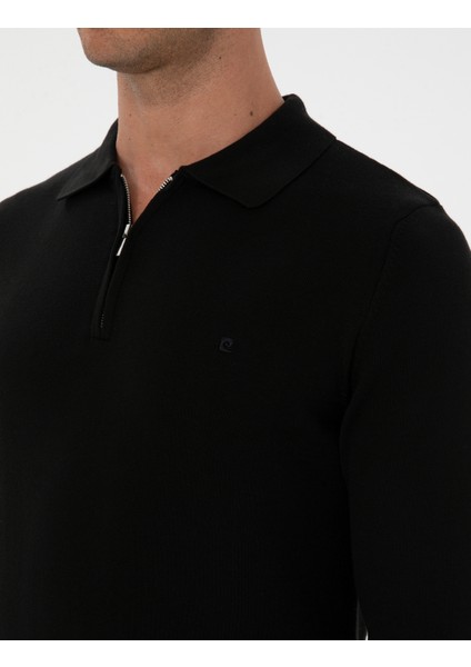 Erkek Siyah Slim Fit Polo Yaka Fermuarlı Basic Triko Kazak 50315406-VR046