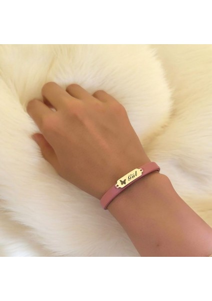 14 Ayar Plakalı Altın Gül Ismine Özel Koyu Pembe Derili Kelebek Motifli Hediye BILEKLIK-654ISIM