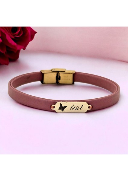 14 Ayar Plakalı Altın Gül Ismine Özel Koyu Pembe Derili Kelebek Motifli Hediye BILEKLIK-654ISIM fiyatları