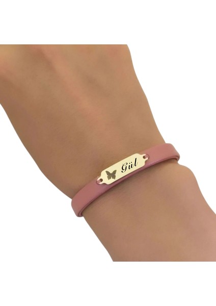 14 Ayar Plakalı Altın Gül Ismine Özel Koyu Pembe Derili Kelebek Motifli Hediye BILEKLIK-654ISIM fırsatları