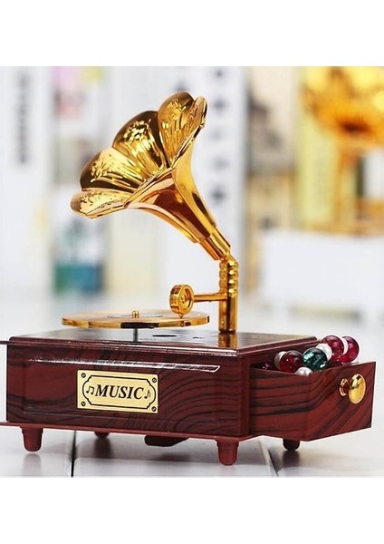 Nostaljik Gramafon Hareketli Müzik Kutusu Çekmeceli N-28AL5