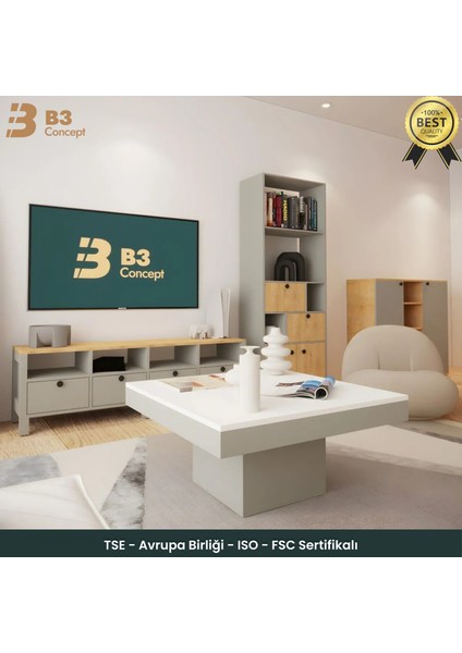 Nort Iı Serisi Modern Dekoratif Kare Salon Orta Sehpa Beyaz & Gri