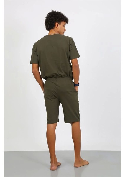 Erkek Pamuk Lakost Alt Üst Kaprili Pijama Takım Haki