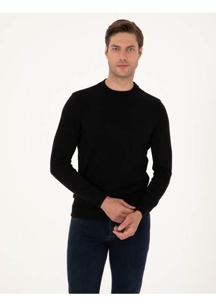 Erkek Siyah Slim Fit Çeyrek Yaka Basic Triko Kazak 50315456-VR046