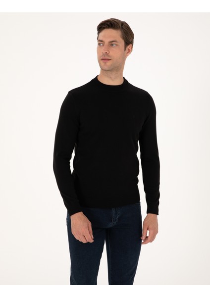 Erkek Siyah Slim Fit Çeyrek Yaka Basic Triko Kazak 50315456-VR046 modelleri