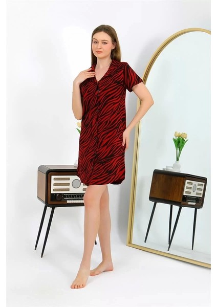 Kadın Pamuk Penye Kısa Kol Düğmeli Bordo Tunik Gecelik