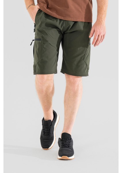 Erkek Haki Nefes Alan Likralı Kumaş 5 Cepli Outdoor Kargo Kapri Şort
