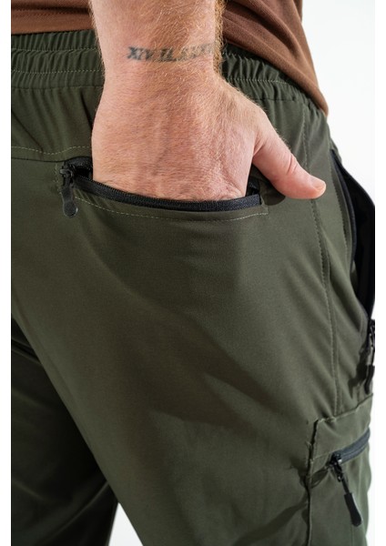 Erkek Haki Nefes Alan Likralı Kumaş 5 Cepli Outdoor Kargo Kapri Şort