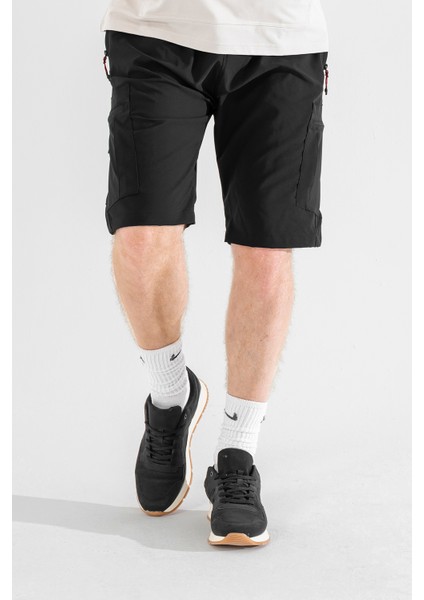 Erkek Siyah Nefes Alan Likralı Kumaş 5 Cepli Outdoor Kargo Kapri Şort