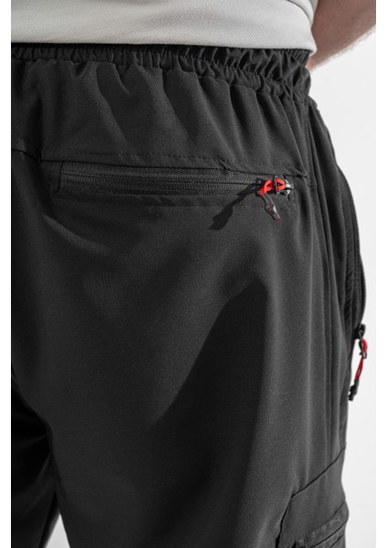 Erkek Siyah Nefes Alan Likralı Kumaş 5 Cepli Outdoor Kargo Kapri Şort