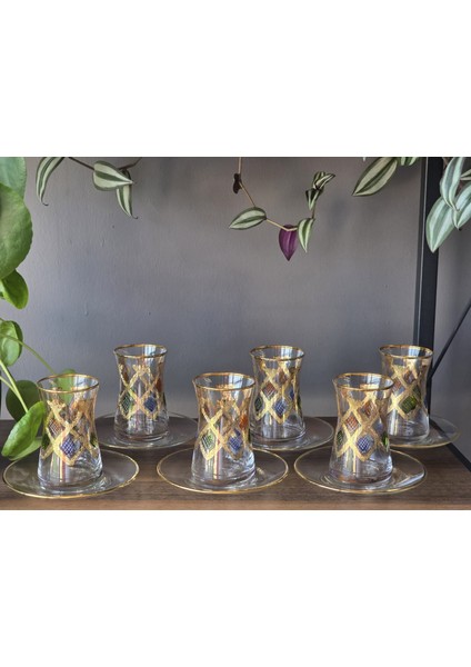 12 Parça 6 Kişilik 24K El Işçiliği - Gerçek Altın Işlemeli Çay Seti Telli Bahar