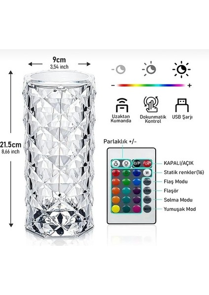 Kristal Elmas LED Dokunmatik Şarjlı Kumandalı Masa Lambası Rgb